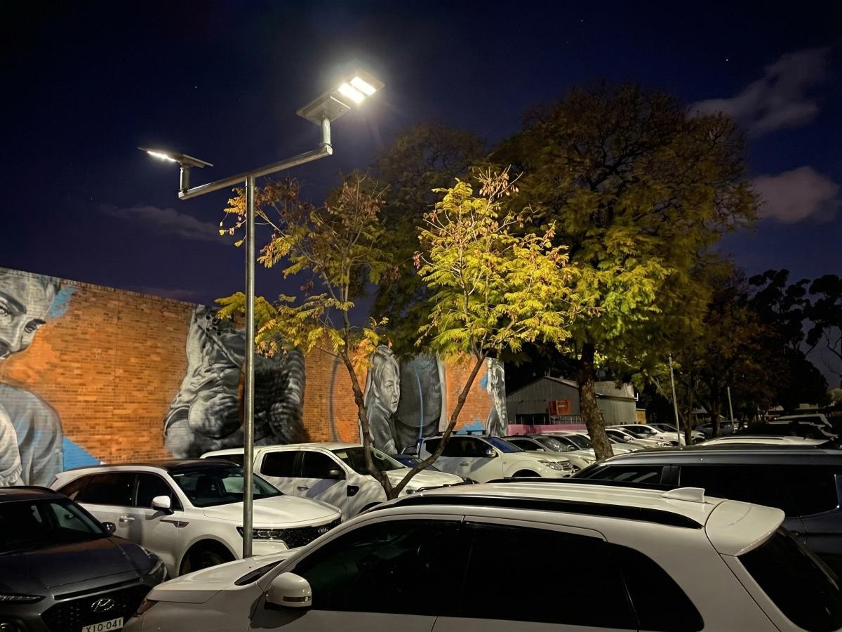 Solar car park lighting in a regional nsw parking lot at night